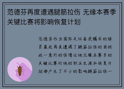 范德芬再度遭遇腿筋拉伤 无缘本赛季关键比赛将影响恢复计划